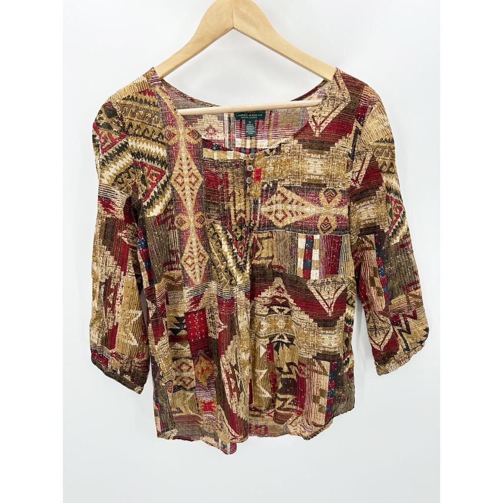 Lauren Ralph Lauren Women Medium Brown Red Southwestern Cotton Blouse BH29